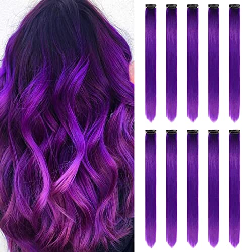 Meckily 22 Inch Colored Purple Hair Extensions Clip In Kid's Party Highlights, Purple Accessories Hairpiece Straight For Girls Women (10 Pcs Purple) #TOP1