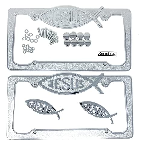 Jesus Fish Christian Design Metal License Plate Frames, Chrome Plated & Rust-Free Cover Set of 2 with 2pcs 3D Chrome Jesus Badge Emblem Sticker Decal (Silver) Cover