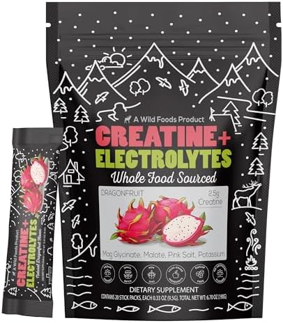 Wild Foods Creatine & Electrolytes Powder Packets, Dragonfruit, 20 Hydration Packets (9.5 g/serv.), with Magnesium Glycinate, Malate, Pink Salt, Pre-Workout Muscle Performance & Electrolyte Support