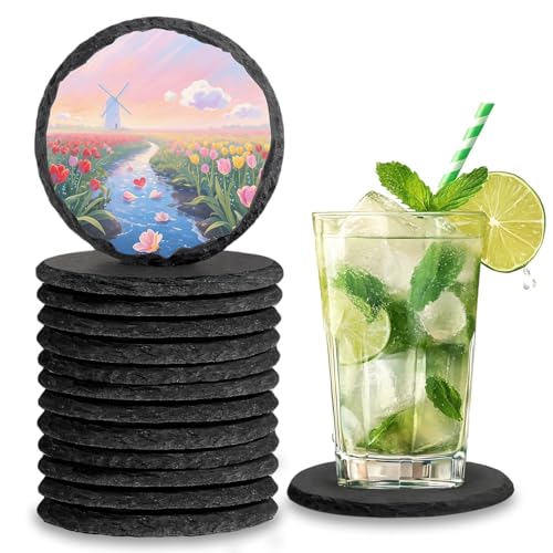 Exquilnova 12 Stück Schiefer Untersetzer Gläser 10x10 cm Glasuntersetzer rund Schiefer-Getränkeuntersetzer Lasergravierte Blanko-Untersetzer für Tassen Getränke Bar Glas Kerzen Tischdeko