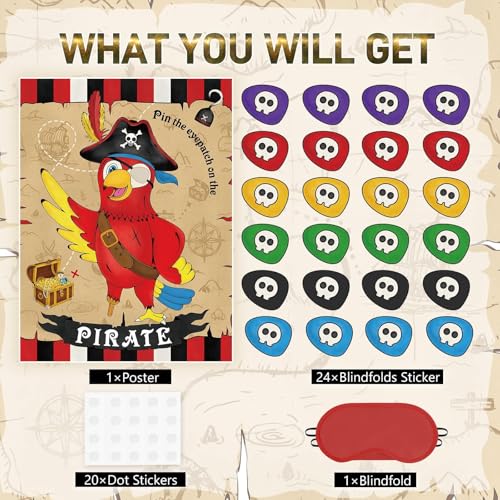 Image of WERNNSAI Pin the Eyepatch on the Pirate - Pirate Birthday Party Supplies for Kids Boys Halloween Treasure Hunt Party Game 28 inch x 21 inch Parrot Poster with 24 Stickers and Blindfold