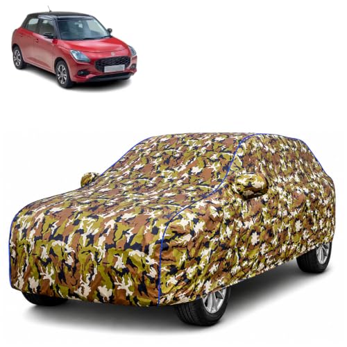 Image of Waterproof Car Body Cover for Maruti Suzuki Swift with Mirror Pocket| Cotton Inner Lining | Triple Stitched | All Weather Protection | Dust, UV & Rain Proof (Camouflage with Blue Piping)