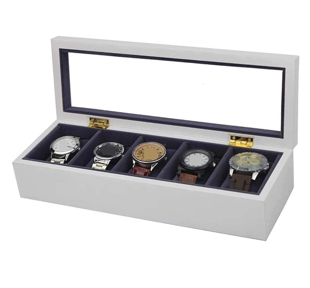 Estuche Relojes Reloj Organizador Pantalla Transparente Superior Madera 5 Ranuras Caja Almacenamiento Soporte Regalos De Cumpleaños Organizador(White Black)
