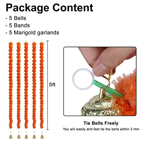 Marigold Garland With Bell For Decorations Artificial Flower Garlands D¨ªa De Muertos Diwali Pooja Wedding Decorations, Pack Of 5 - Dark Orange #TOP4