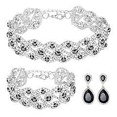 Silver Plated White & Black Choker Necklace + Bracelet + Earrings Set
