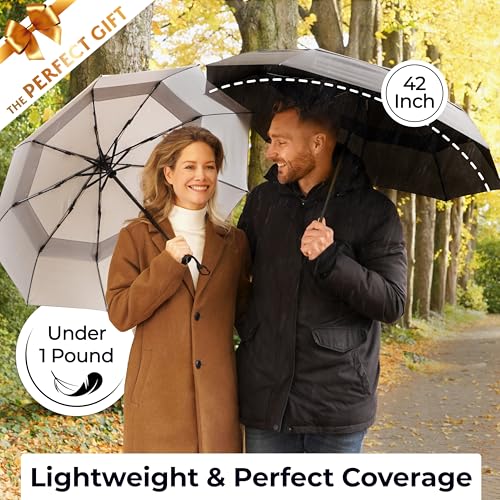 Image of TUMELLA Strongest Windproof Travel Umbrella (Compact, 100MPH Wind-Tested), Light, Portable, One-Handed Use, Automatic Folding Rain Umbrella, Durable, Premium Grip, Fits Car & Backpack