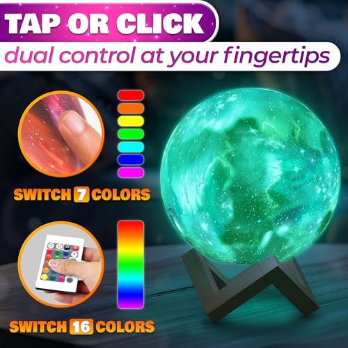 Image of Galaxy Lamp, LED Moon Nightlight 5.9 inch - 16 Colors, 4 Modes Mesmerizing Moon Night Light Globe With Touch & Remote Control, Wooden Stand, USB Charging - 3D Printed LED Night Light with Realistic Design