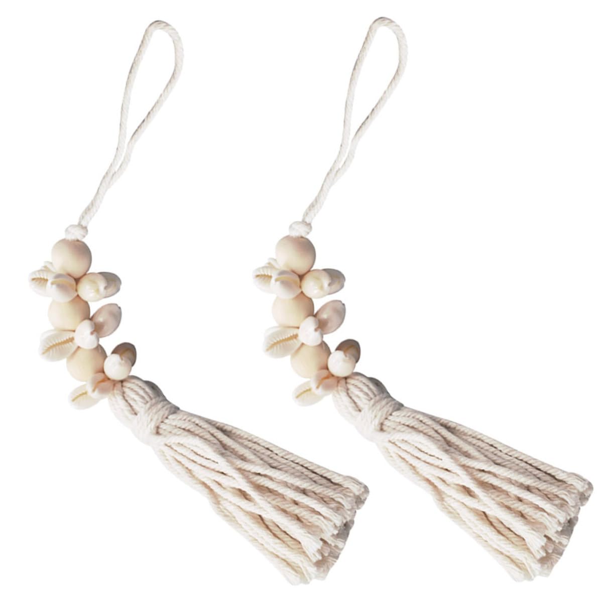 OFFSCH 2pcs Coastal Seaside Decor Boho Cowrie Shells Wooden Bead Strand Wreath Banner Farmhouse Garland Cotton Thread Decorative Tassel