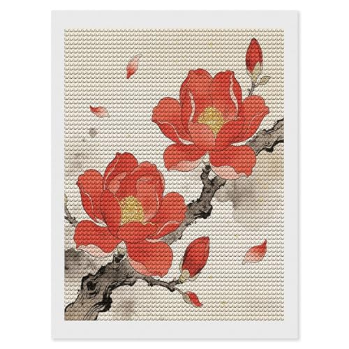 Pintura de diamantes para adultos y principiantes con diseño de magnolia roja exquisita