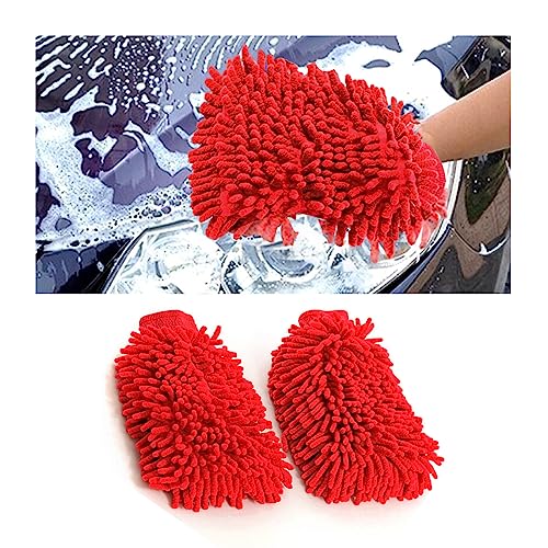JNNJ 2 PCS Autowaschhandschuh, Mikrofaser Waschhandschuh Auto, Außen Zottel-Waschhandschuh für Professionelle Autopflege - 100% kratzfrei & schonend, Entfernt Mühelos hartnäckigen Schmutz(Rot)