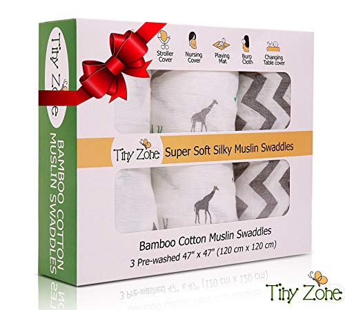 TINY ZONE Muslin Swaddle Blankets, Receiving Blankets for Newborn Boy, Girl, Unisex | Organic Bamboo Cotton with Bonus Bib (3 Pack)| Baby Swaddle Blanket, Swaddle Wrap, Muslin Swaddle