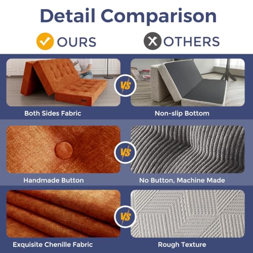 Image of MAXYOYO 6 inch Folding Sofa Bed for Floor, Tufted Tri-Fold Floor Mattress | Full Size Portable Sofa Couch Guest Mat with Chenille Fabric for Adults, Foldable Topper for Camping, Orange, Full