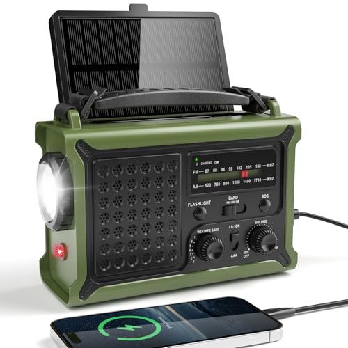 Kurbelradio AM/FM, Solar & Kurbel Notfallradio mit Weltempfänger, 12000mAh Wiederaufladbare Powerbank, IPX6, SOS Alarm, USB/Type-C Handyladung, Tragbare Radio mit Tragegurt für Notfall, Stromausfall
