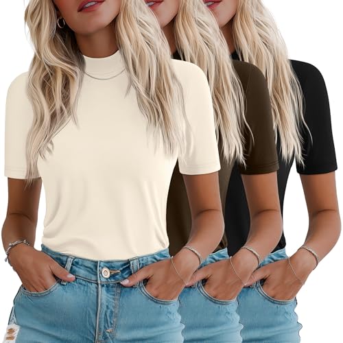 Ficerd 3 Pack Women's 1/2 Sleeve Mock Turtleneck Shirts, Elbow Length Shirt Half Sleeve Tunic Top Casual Summer Basic Tees
