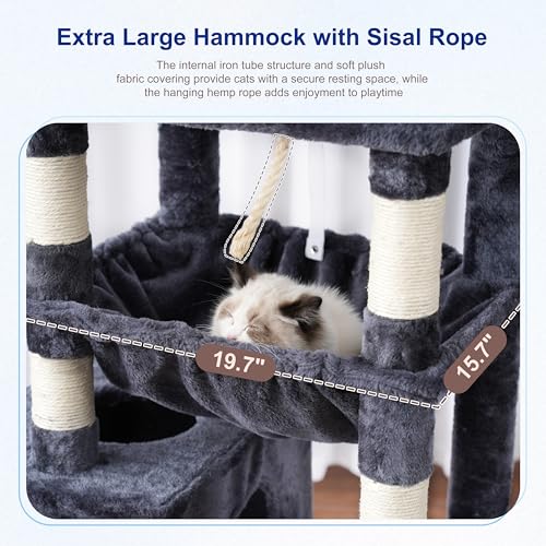 Image of Gitelsnour Cat Tree, 63'' Cat Tower for Large Cats, Big Hammock GCT020G | Cat Condo, Cat Scratching Posts for Indoor Adult Cats, 4 Platforms( 2 Big 2 Small), 2 Baskets, Sisal Rope, 4 Toys, Smoky Gray