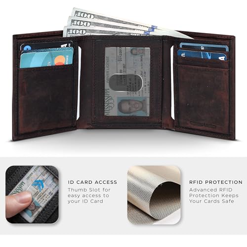 Image of Tri fold Leather Wallet for Men with RFID | Slim Wallets for Men with 1 ID and 6 Credit card slots | Front Pocket Minimalist