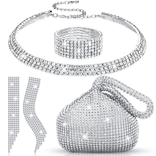 Image of Meanplan Silver Bling Clutch Purse Rhinestone Jewelry Set 4 Pieces Crystal Dangle Fringe Earrings Bridal Wedding Choker Necklace Bracelet and Evening Clutch Bag for Women Girls