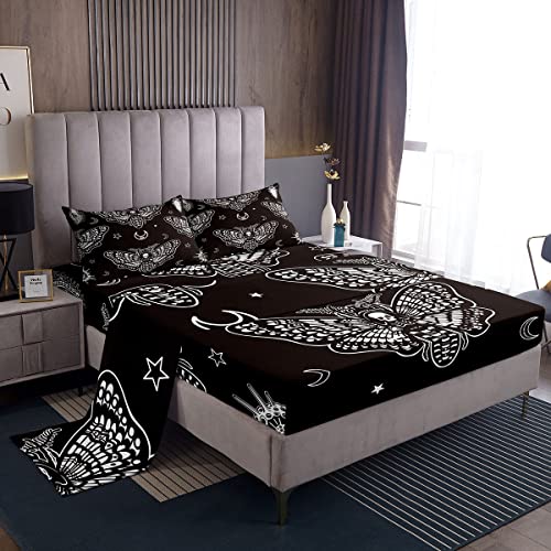 Kids' Sheet Set Queen Death Moth Bed Sheet Set Boys Girls Soft Retro Boho Skeleton Sugar Skull Bedding Set (Deep Pocket Fitted Sheet + Flat Sheet + 2 Pillow Case) Vintage Gothic Bones Moth S