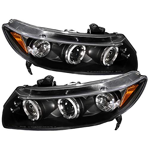 Carpartsinnovate For Honda 06-11 Civic 2Dr Black LED Halo Projector Headlights Head Lamps Pair