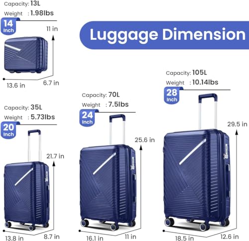 Hardside Expandable Spinner Wheel Luggage, Expandable Carry On Luggage Set with Spinner Wheels, Hard Shell Luggage Sets With TSA Lock, 4-Piece Set (14/20/24/28) (StyleB-Navy Blue)2