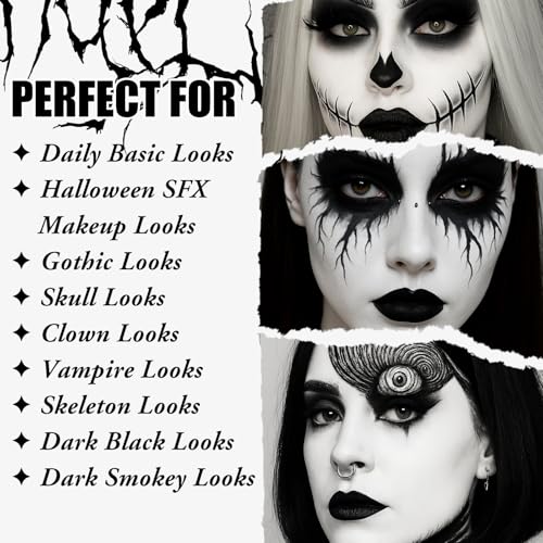 Image of UCANBE Halloween Makeup Kit - Black Eyeshadow, White Liquid Foundation, Black Liquid Lipstick & Eyeliner, Self Adhensive Eyelashes, Brush & Sponges Makeup Set for SFX Cosplay Skeleton Skull Demon