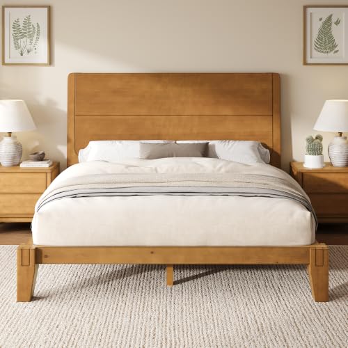 Image of AMERLIFE Solid Wood Full Bed Frame with Headboard, Japanese Joinery, Brown