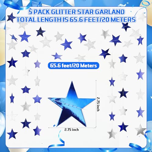 Image of Spakon 65 Feet Glitter Star Shaped Paper Garland Banner Hanging Decoration Star Streamer Double Side 2026 Graduation Decorations for Wedding Birthday New Year Party Decoration(Silver and Blue)