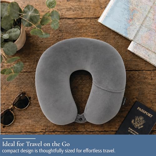 Image of Brookstone Microbead Travel Head and Neck Pillow Lightweight and Plush with Phone or Headphone Pocket, Dark Grey