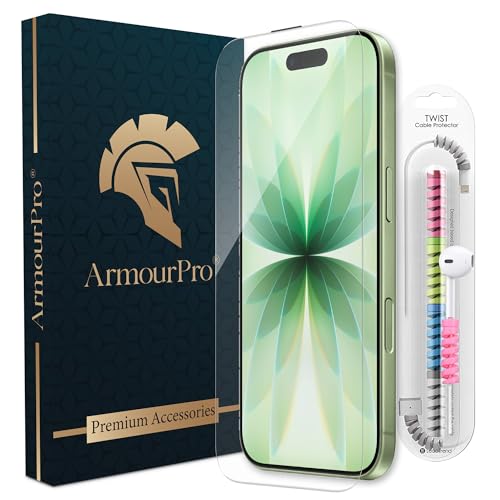 Image of ArmourPro Military-Grade Borderless Tempered Glass for iPhone 17 and iPhone 16 Pro (6.3 Inches) with Edge to Edge Protector Coverage, Cable Protector and Easy Installation Kit | Anti Dust Mesh Filter