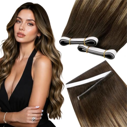 Image of LaaVoo Tape in Weft Hair Extensions Genius Tape Weft Extensions Ombre Dark Brown to Blonde Invisible Tape in Human Hair Extensions PU Tape 22inch 50G