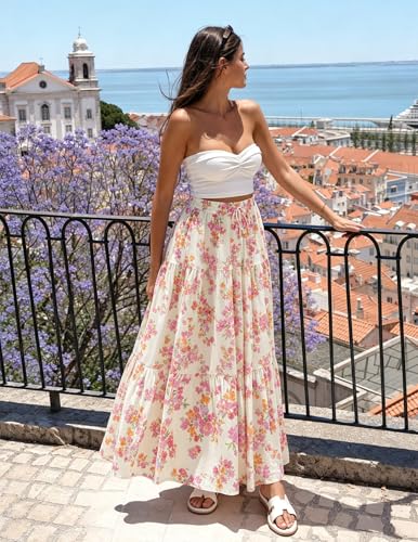 Image of ZESICA Women's 2026 Summer Bohemian Floral Printed Elastic Waist A Line Maxi Skirt with Pockets