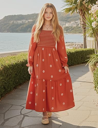 Sunny Spirit Girls Maxi Dress Fall Casual Floral Boho Long Puff Sleeves Square Neck Embroidered Smocked Dresses 5-14 Years3