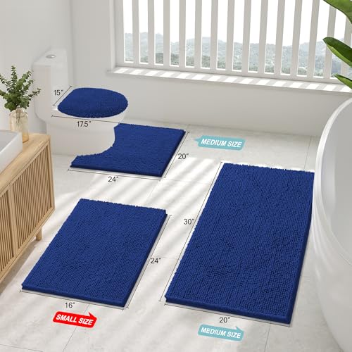 Image of Smiry Bathroom Rugs Set 2 Piece, Soft Absorbent Chenille Bath Mat and U-Shaped Toilet Rug Set, Non Slip Shaggy Bath Carpet for Tub, Shower and Floor (30x20+24x20, Royal Blue)