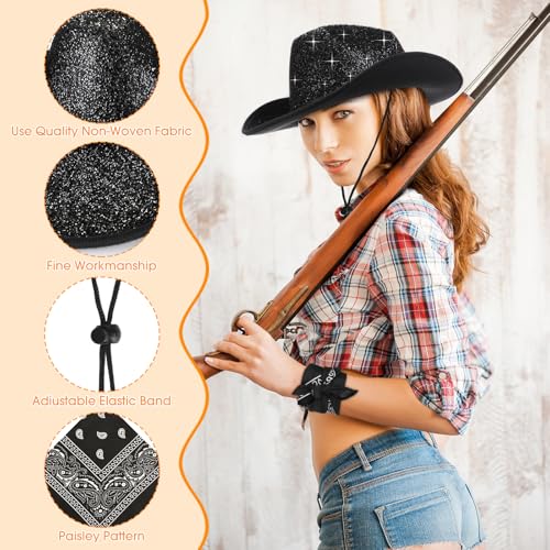 Image of Coume 12 Pcs Sparkly Adults Cowboy Hat and Bandanas Women Men Western Glitter Cowgirl Party Hats with Adjustable Drawstring