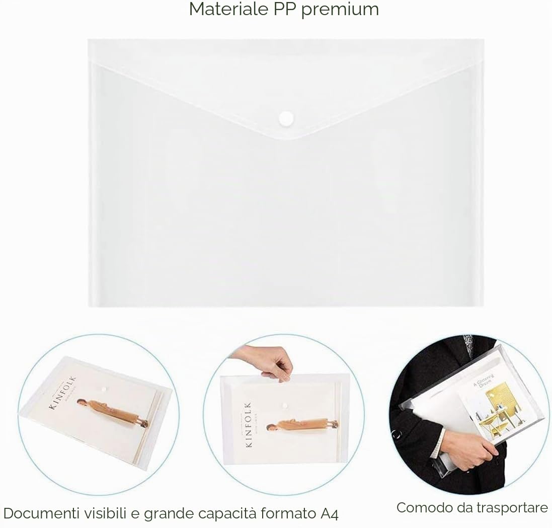 ASelected Set di 60 Busta Porta Documenti A5, Trasparente Cartelline Portadocumenti Plastica A5 Busta Con Bottone, Cartelle Porta Documenti - 235 x 170 mm