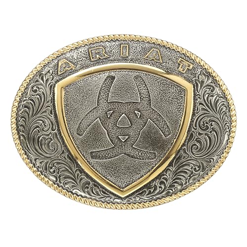 ARIAT Oval Buckle with Shield Logo, Dual Antique Silver and Gold Finish, 3