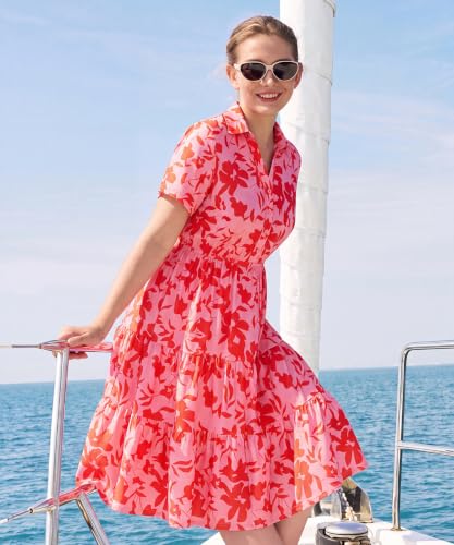 Image of CARCOS Plus Size Dresses for Curvy Women Collared Vneck Short Sleeve Dresses Midi Summer Ruffle Dress with Pocket XL-5XL