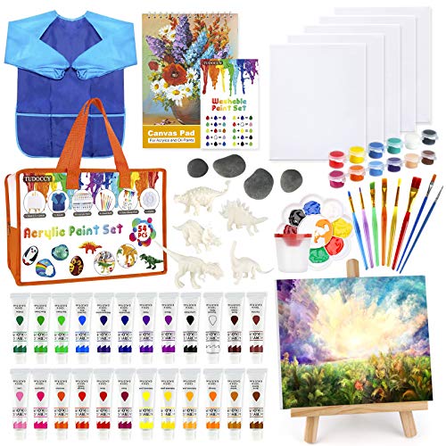 Kids Paint Set 55pcs Acrylic Paint Set with Rock Painting Set & Dinosaur Painting Kit for Kids Crafts & Kids Arts Set, Include 24 Washable Paints Tabletop Easel Art Smock Paint Brushes Painting Canvas