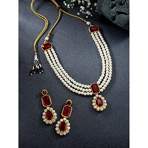 Image of Peora Traditional Maharani Haar Necklace with Earrings Bridal Jewellery Set Gift for Women