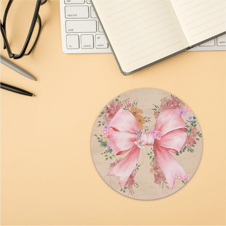 QUICQOD Pink Bow Mouse Pad,Trendy Flower Round Mouse Pad
