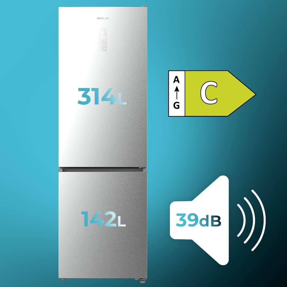 Cecotec Lodówka Combi 456L Total No Frost Bolero CoolMarket Combi 456 Inox C. wysokość 201 cm i szerokość 59,5 cm, MAX INSIDE z VIP Tech, sprężarka inwerterowa Plus, niskie zużycie energii, szklane