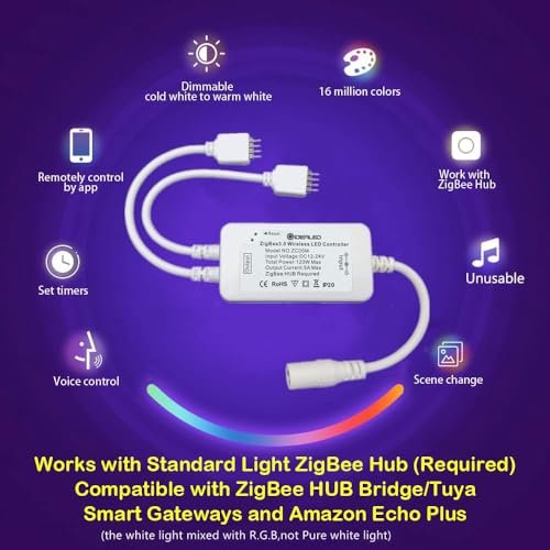 Giderwel Smart Zigbee 32.8Ft Rgb Led Strip Lights Dimmable Kit With Zigbee 3.0 Controller Work With Zigbee Hub Bridge Echo Plus For App/Voice Control Ambiance Lighting Alexa Led Strips thumb #1