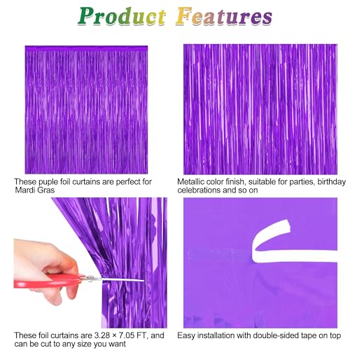 Image of ZATAYE 2 Pack Purple Foil Curtain Streamer Decorations | Purple, Metallic Foil, 3.28 x 7.05 FT, Tinsel Backdrop, Foil Curtain Streamer, Party Decor, Photo Booth Door Wall Decor