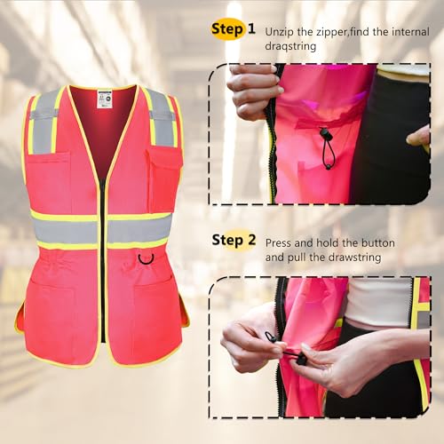Image of FATONE Women's ANSI Class 2 High-Vis Safety Vest with Reflective Strips, Zipper Pockets & Adjustable Waist - Pink /Yellow Construction Work Vest for Warehouse Personnel, Road Crews XS