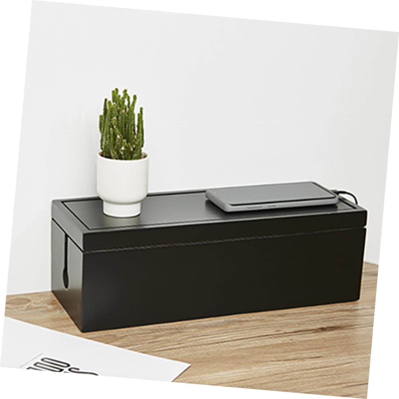 Negra Caja Organizadora de Cables Tapa Abierta de Madera Grande