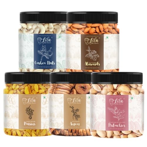 Image of Lila Dry Fruits Daily Needs DryFruit Combo Pack 500 g (5 x 100g) Almonds, Pista, Anjeer, Cashews, Raisins | Healthy and Nutritious | Rich in Vitamins Minerals Dry Fruit Mix Perfect for Gifting