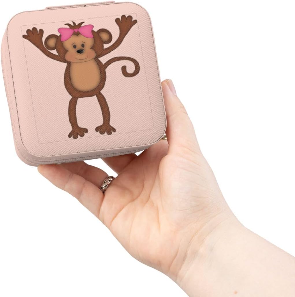 3dRose Cute Brown Jungle Girl Monkey With A Pink Bow Illustration Jewelry Travel Case Pink