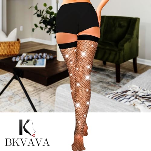 Women's Sparkly Fishnet Thigh Highs Stockings Rhinestone Widened Band Tights3