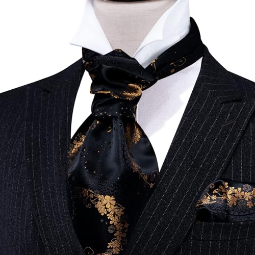 Image of Barry.Wang Ascot Ties Cravat Tie Men Paisley Plaid Scarf Self Tie Pocket Square Cufflinks Set Wedding Party