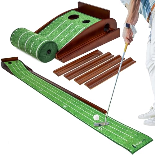 Golf Putting Green Mat 10ft, Indoor Putting Mat with Ball Return, Two Hole Putting Mat for Accuracy, Solid Wood Base Putting Mat, Non Slip Golf Mat for Practice